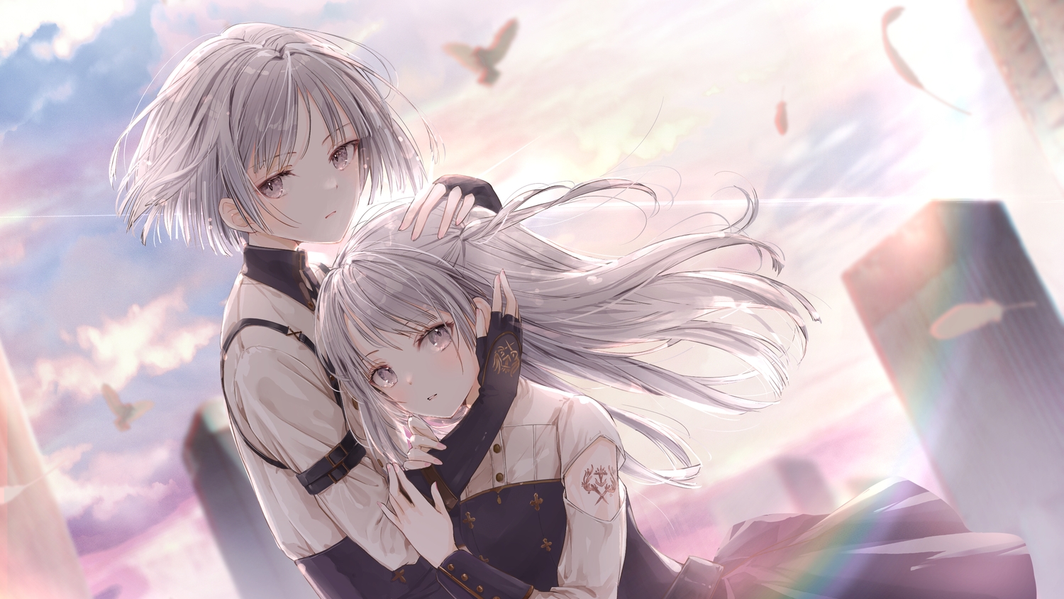 akasaka_asa, close, clouds, gray_hair, green_eyes, hug, long_hair, male, short_hair, sky, tagme_(character), towa_tsugai, twins