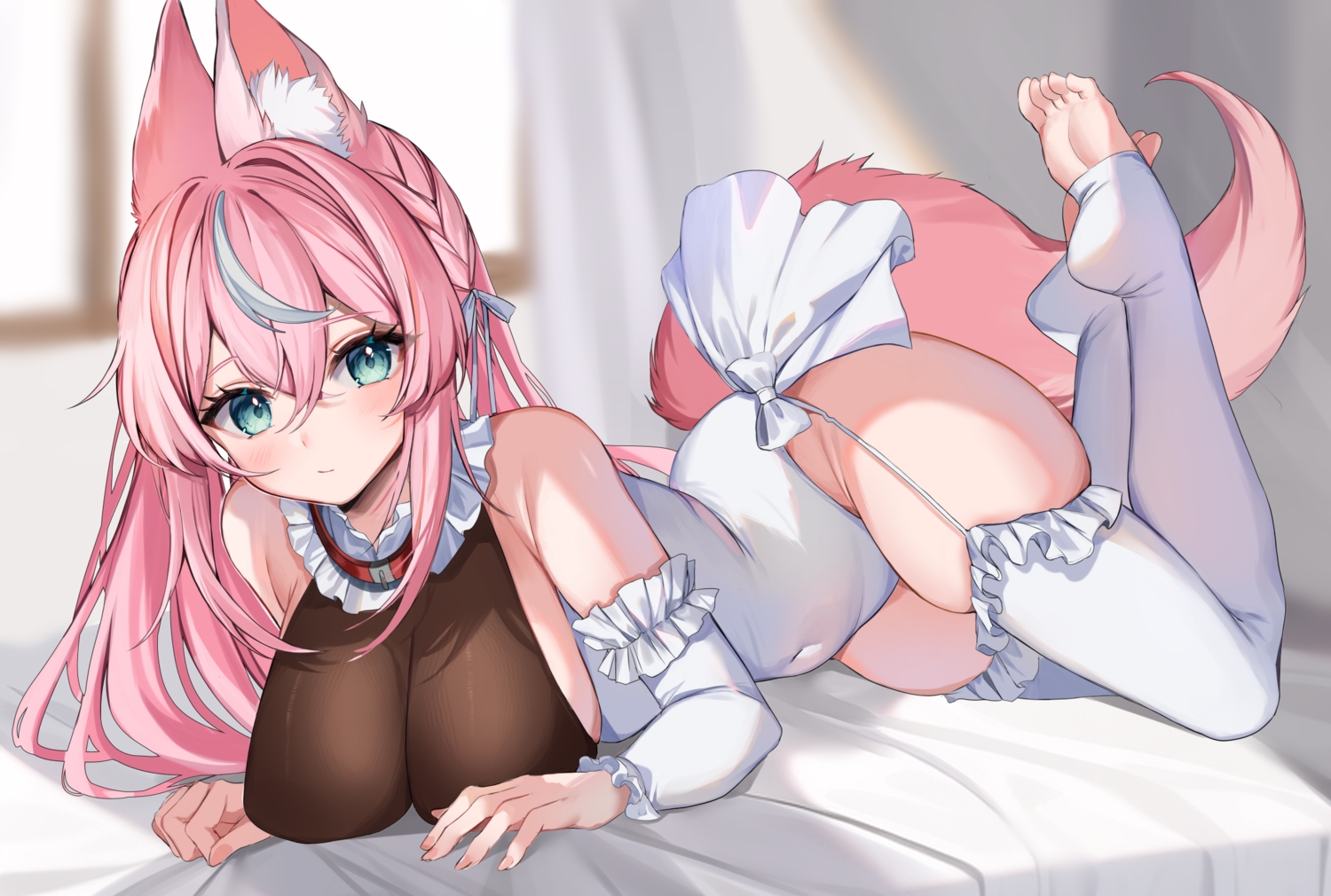 bed, blush, bow, braids, garter_belt, green_eyes, long_hair, original