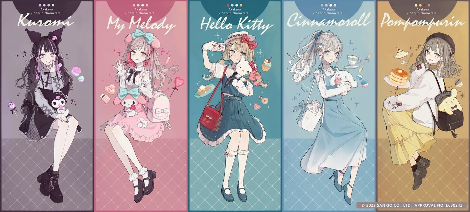 akakura, boots, bow, cake, cinnamoroll, dress, flowers, food
