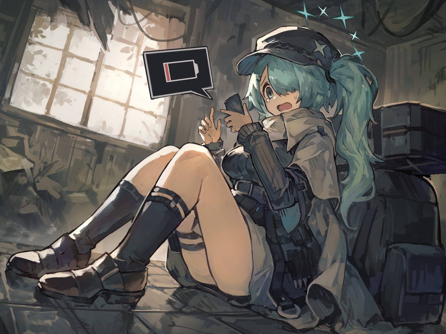 blue_archive, garter, green_eyes, green_hair, long_hair, phone, ponytail, skirt