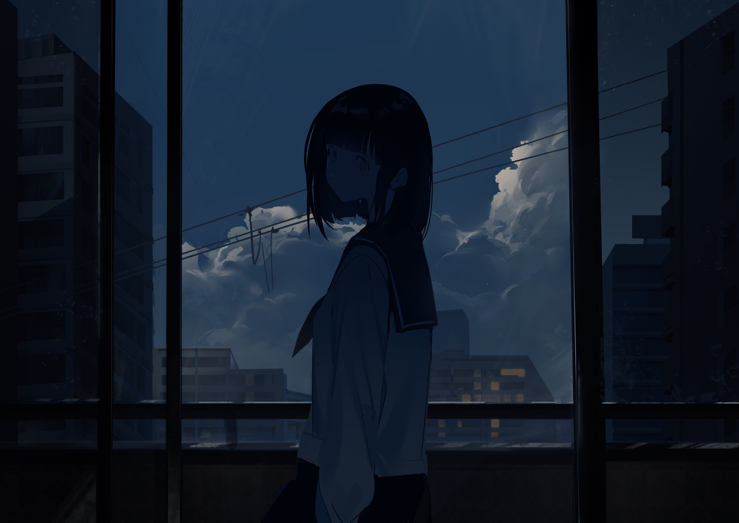 building, clouds, dark, original, school_uniform, short_hair, sky, yeyuanqianqianqian