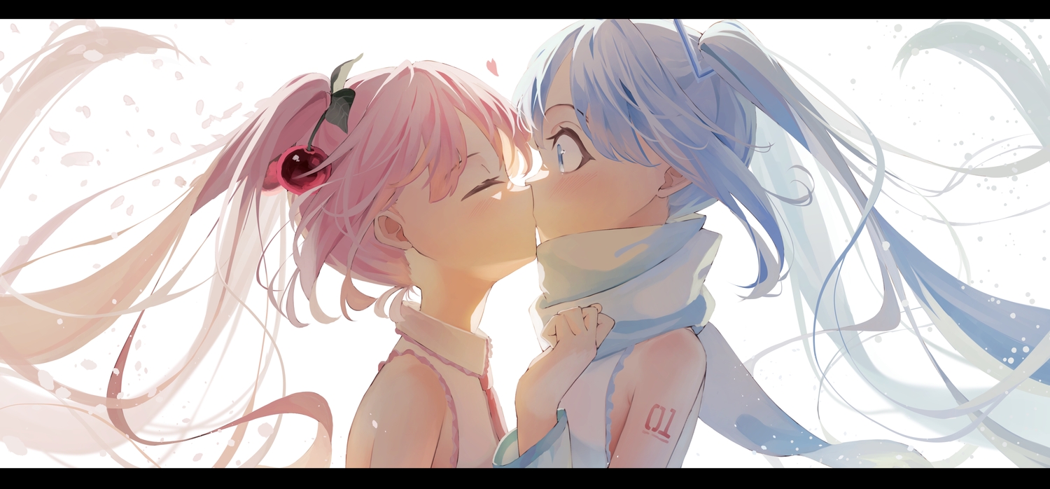 2girls, blue_eyes, blue_hair, blush, cherry, food, fruit, hatsune_miku