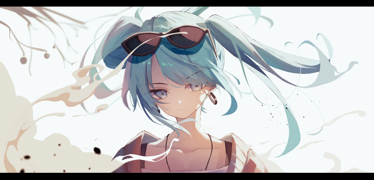 aqua_hair, blue_eyes, hatsune_miku, long_hair, necklace, shun'ya_(daisharin36), suna_no_wakusei_(vocaloid), sunglasses