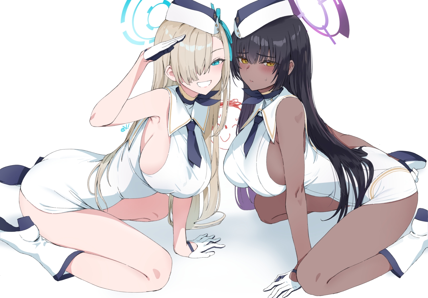 2girls, aliasing, aqua_eyes, ass, black_hair, blue_archive, blush, boots, breasts, brown_hair, dark_skin, ev_(dai00888), gloves, halo, hat, ichinose_asuna, kakudate_karin, long_hair, sideboob, signed, skintight, tie, white, yellow_eyes