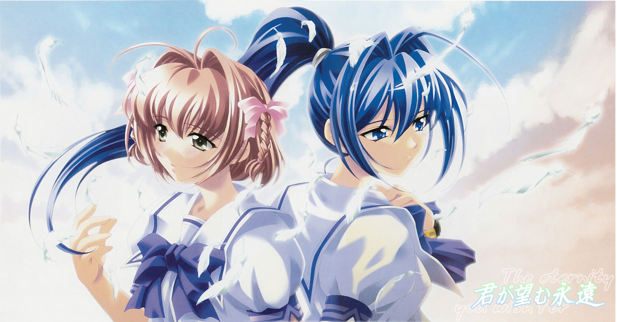 2girls, clouds, feathers, hayase_mitsuki, kimi_ga_nozomu_eien, school_uniform, sky, suzumiya_haruka