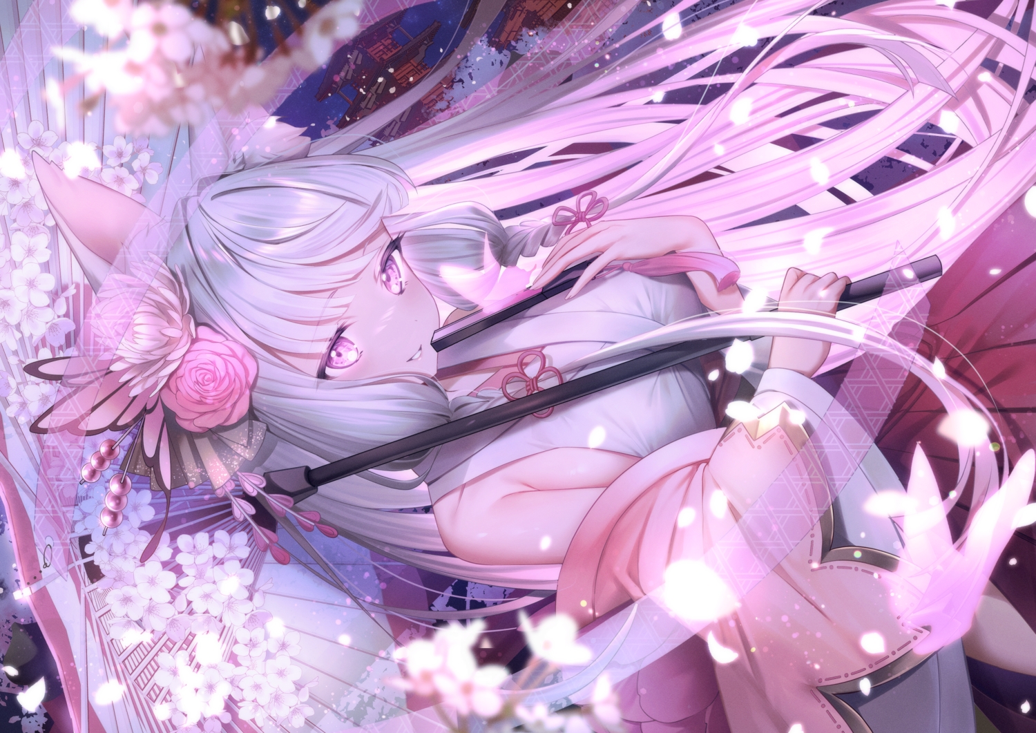 breast_hold, building, butterfly, cherry_blossoms, fan, flowers, gray_hair, long_hair