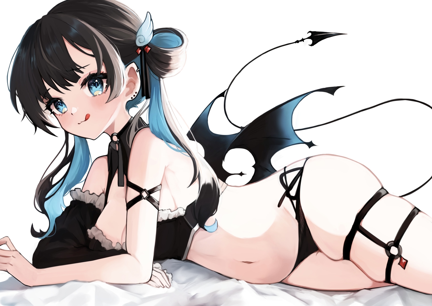 aqua_eyes, black_hair, blush, breasts, cat_smile, cleavage, demon, garter, mashiro_io, original, pointed_ears, tail, twintails, wings