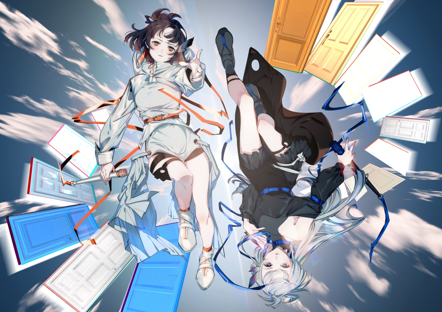 2girls, kasuka_(vesperbell), long_hair, microphone, ribbons, shiomi_(lowrise), short_hair, vesperbell