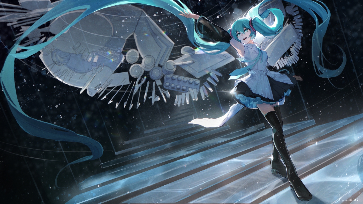 aqua_eyes, aqua_hair, boots, dress, hatsune_miku, koresuki_1, long_hair, stairs, thighhighs, tie, twintails, vocaloid, wings, zettai_ryouiki