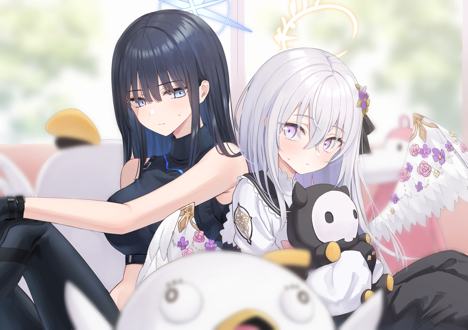 2girls, angel, black_hair, blue_archive, gloves, gray_hair, joumae_saori, long_hair