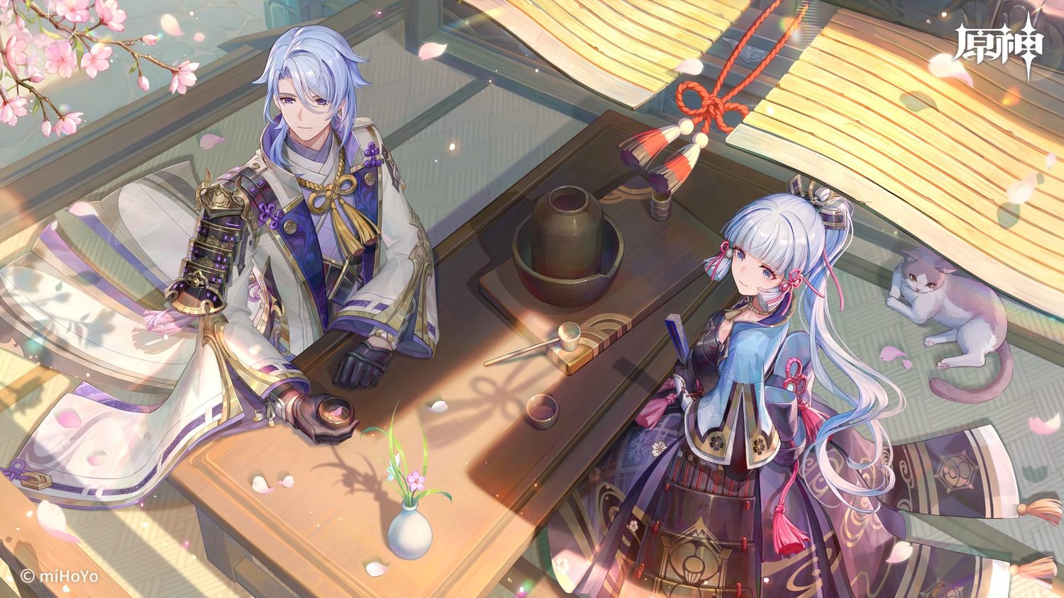 animal, armor, cat, cherry_blossoms, flowers, genshin_impact, gray_hair, kamisato_ayaka