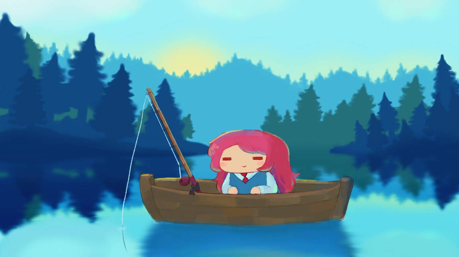 boat, chibi, clouds, long_hair, original, red_hair, reflection, scenic, sky, tie, tree, walfie, water