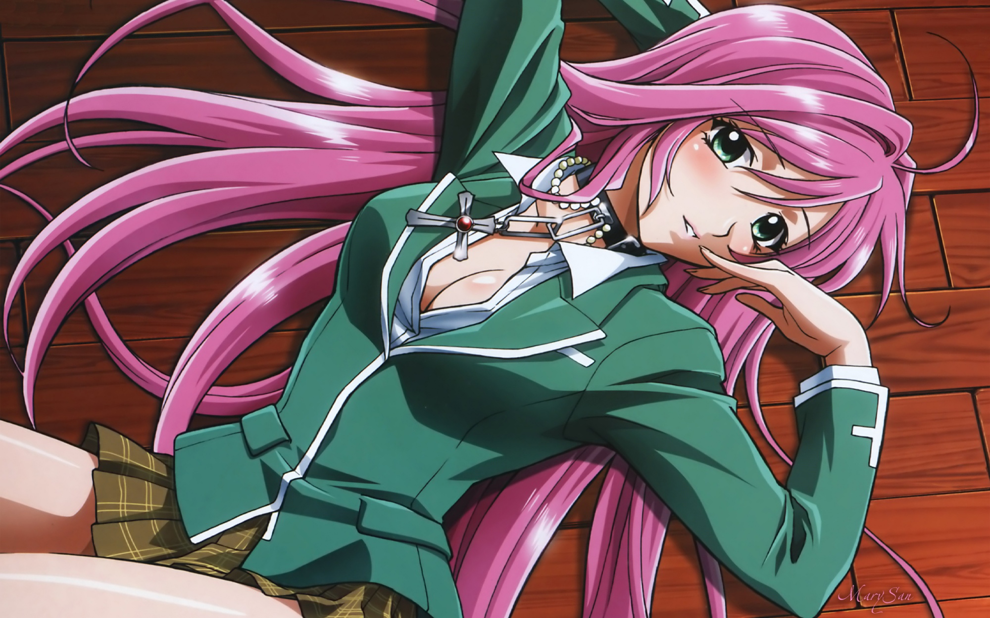 akashiya_moka, green_eyes, long_hair, pink_hair, rosario+vampire, school_uniform, vampire