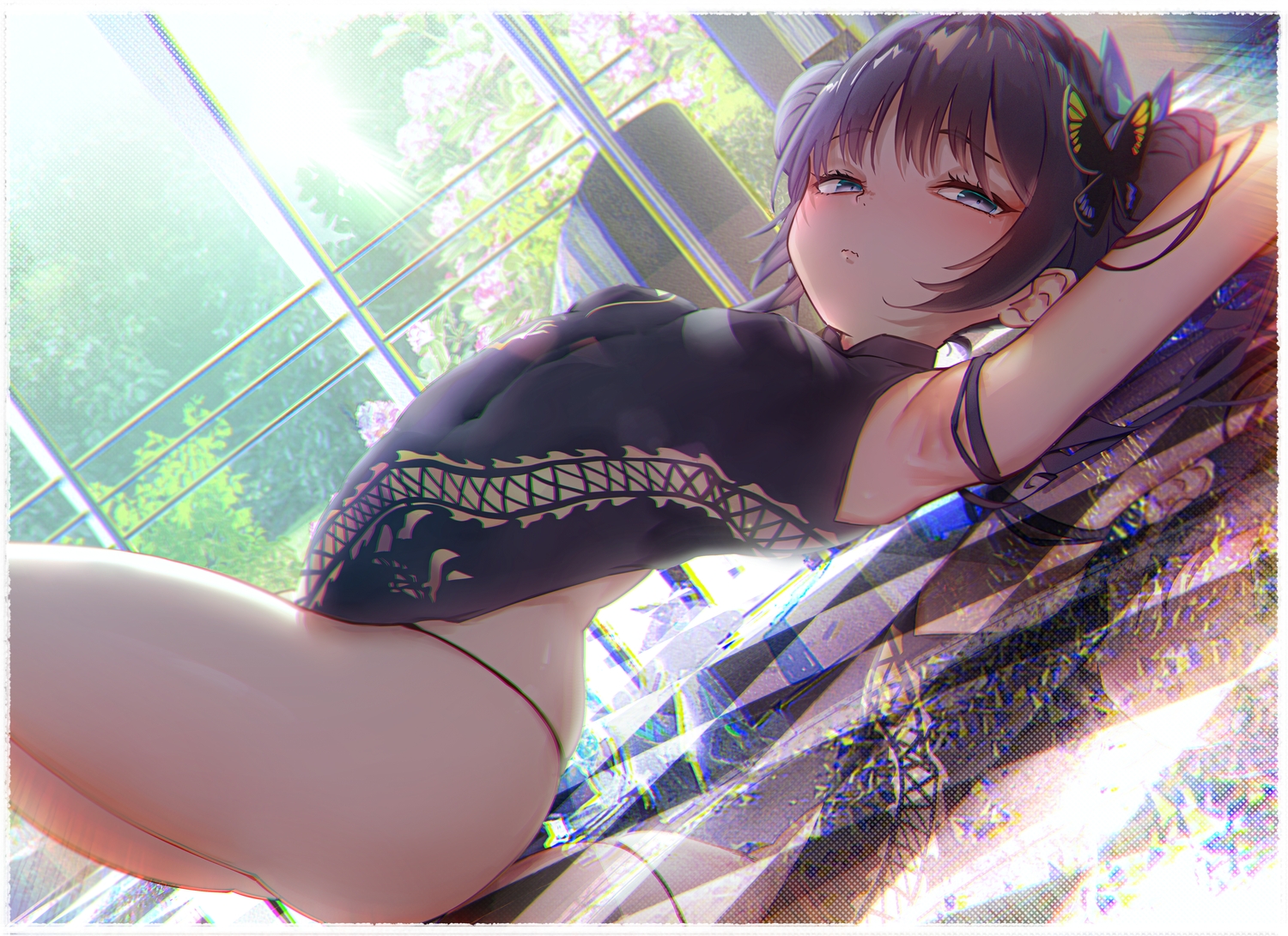 ass, black_eyes, black_hair, blue_archive, chinese_clothes, chinese_dress, dress, housou-kun, long_hair, navel, ryuuge_kisaki, skintight