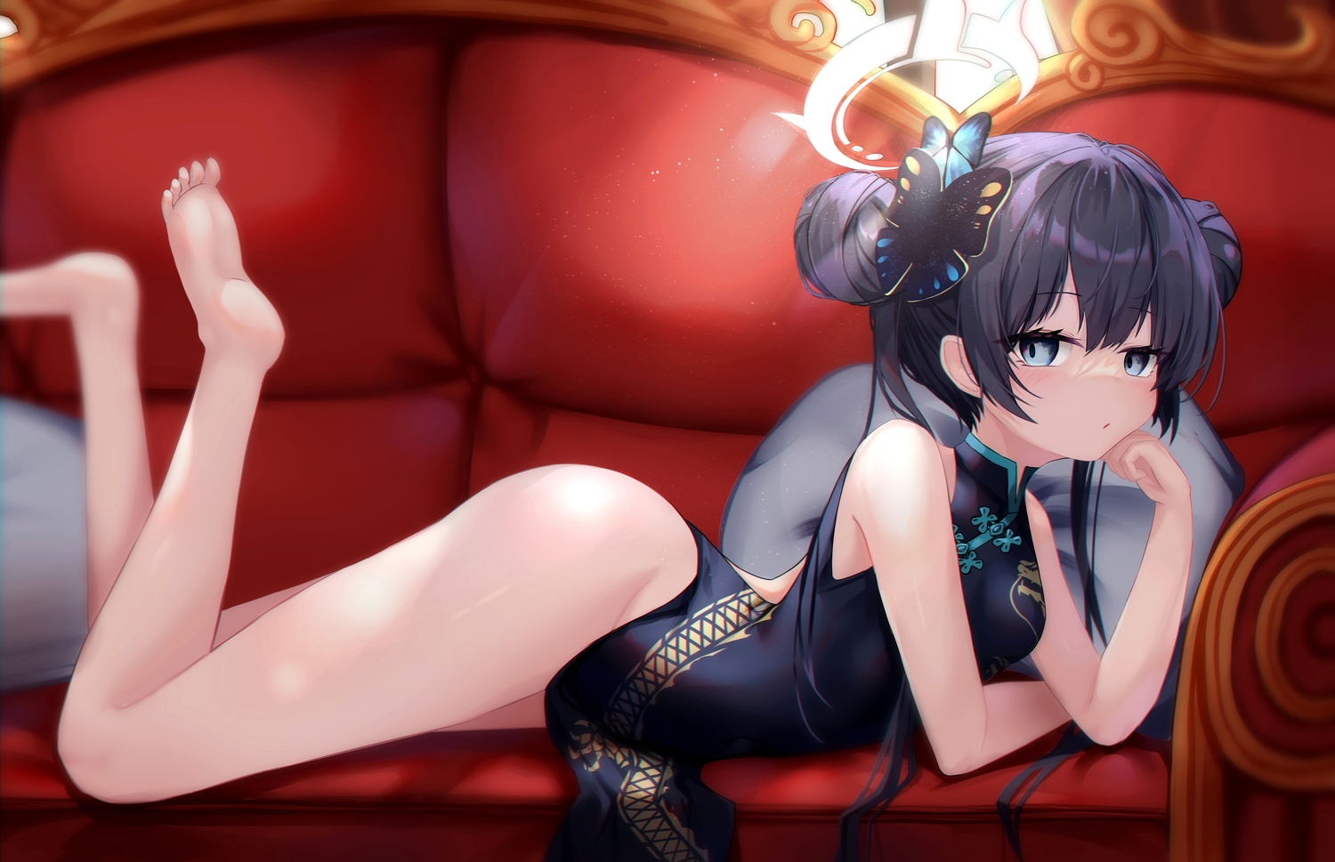 barefoot, blue_archive, blue_eyes, blush, chinese_clothes, chinese_dress, couch, dress