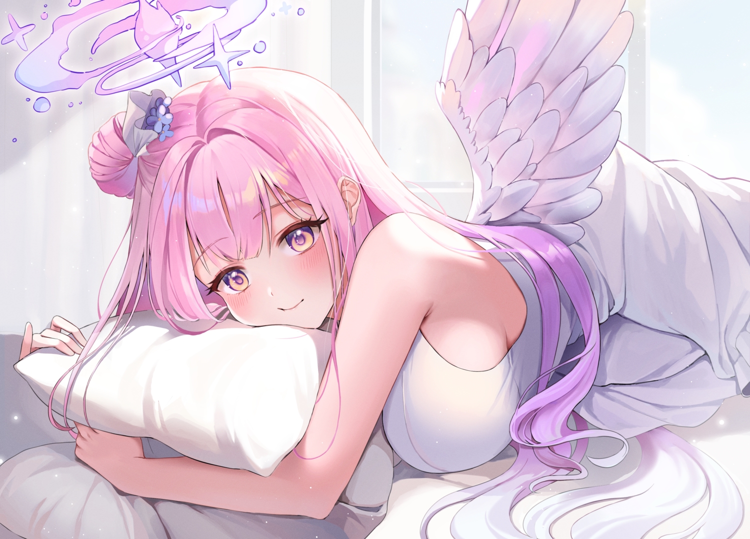 angel, bed, blue_archive, blush, breasts, brown_eyes, close, dress