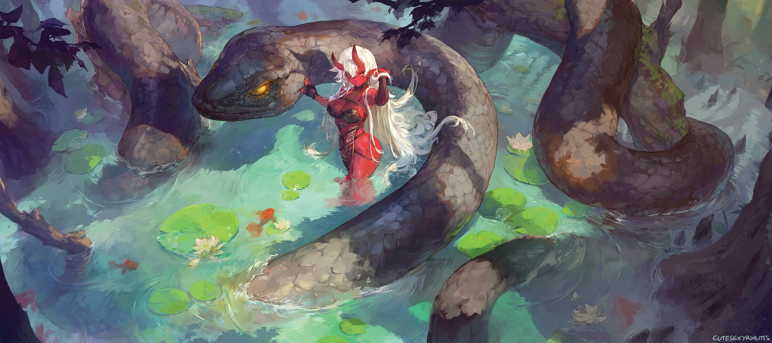 akumi_(yoclesh), animal, breasts, cutesexyrobutts, demon, fish, flowers, gloves, horns, indie_virtual_youtuber, long_hair, nopan, pointed_ears, sideboob, signed, sketch, snake, thighhighs, tree, water, white_hair, yellow_eyes
