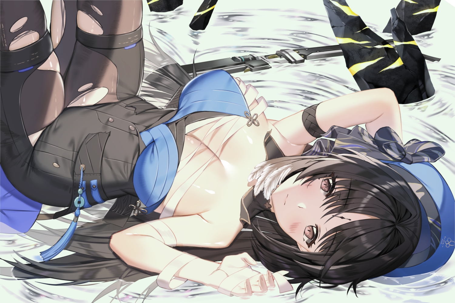 aile_(crossroads), bandage, black_hair, bow, breasts, brown_eyes, cleavage, feathers, gun, hat, long_hair, pantyhose, sarashi, shorts, torn_clothes, underwear, water, weapon, wuthering_waves, yangyang_(wuthering_waves)
