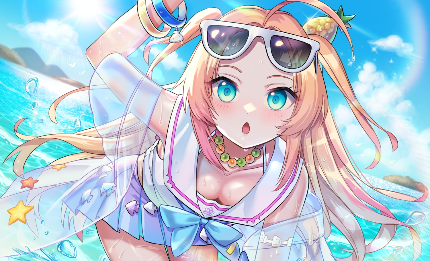 aqua_eyes, blonde_hair, blush, bow, breasts, charlotte_(epic7), cleavage, clouds, epic7, long_hair, macaron_52, necklace, school_uniform, skirt, sky, sunglasses, water