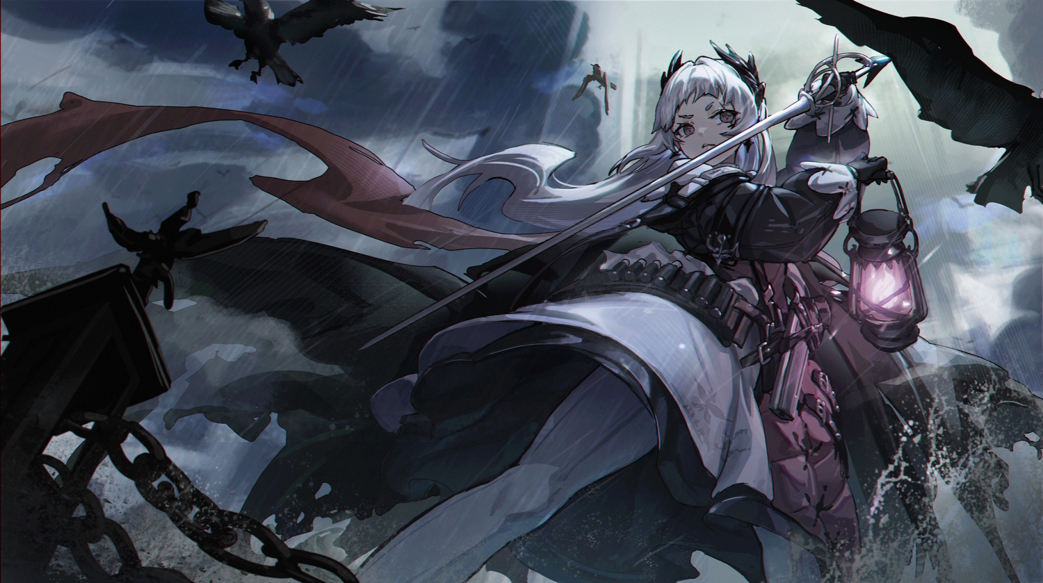 animal, arknights, bird, dress, irene_(arknights), r1zen, rain, scar