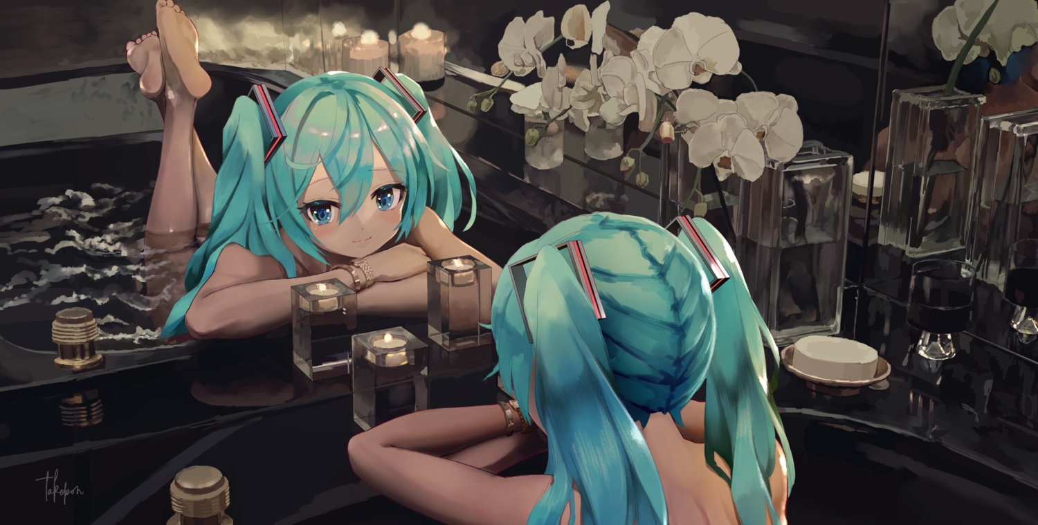 aqua_hair, barefoot, bath, bathtub, blue_eyes, hatsune_miku, mirror, reflection, signed, takepon1123, vocaloid, wristwear