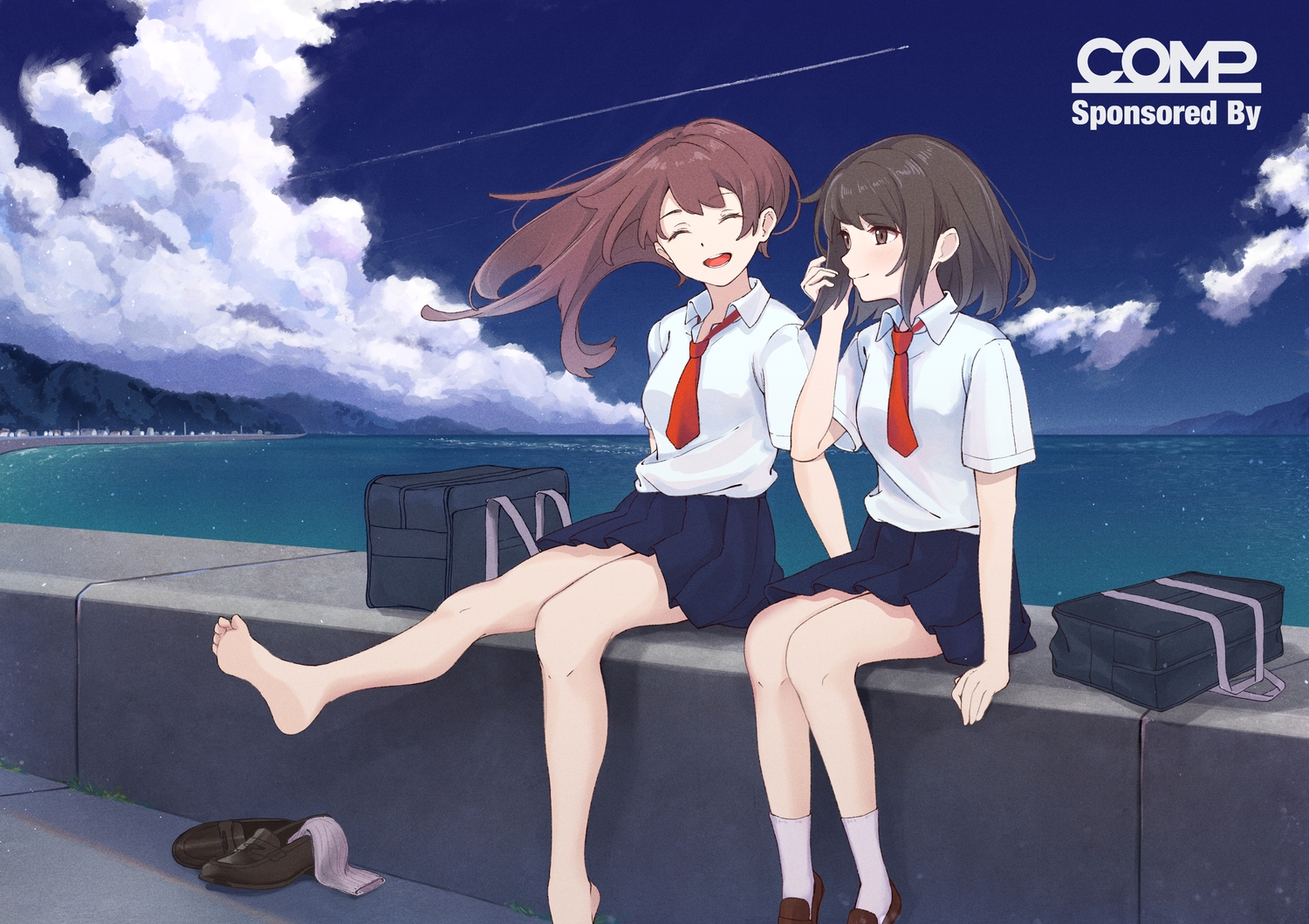 2girls, barefoot, brown_eyes, brown_hair, clouds, graffy_boring, original, school_uniform
