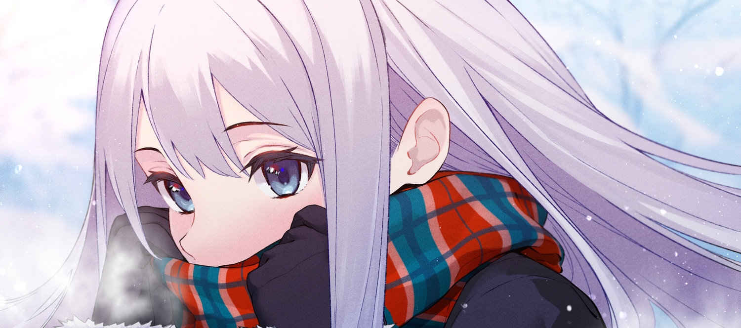 close, graffy_boring, gray_eyes, gray_hair, long_hair, original, scarf, snow
