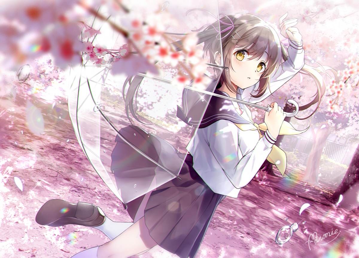 brown_hair, cherry_blossoms, flowers, kneehighs, long_hair, maronie., original, school_uniform