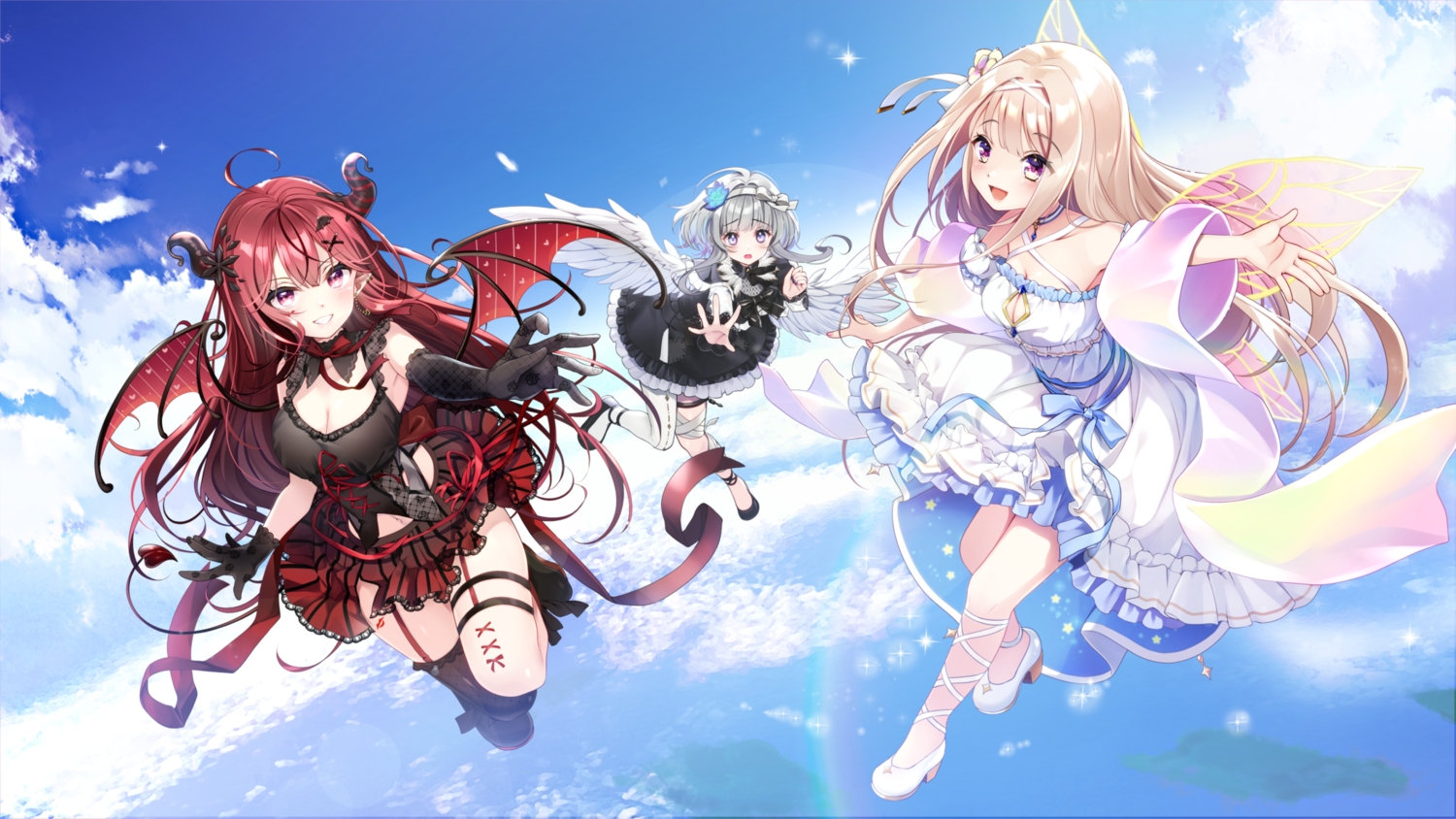 ayamo_nono, breasts, brown_hair, cleavage, clouds, demon, dress, elbow_gloves