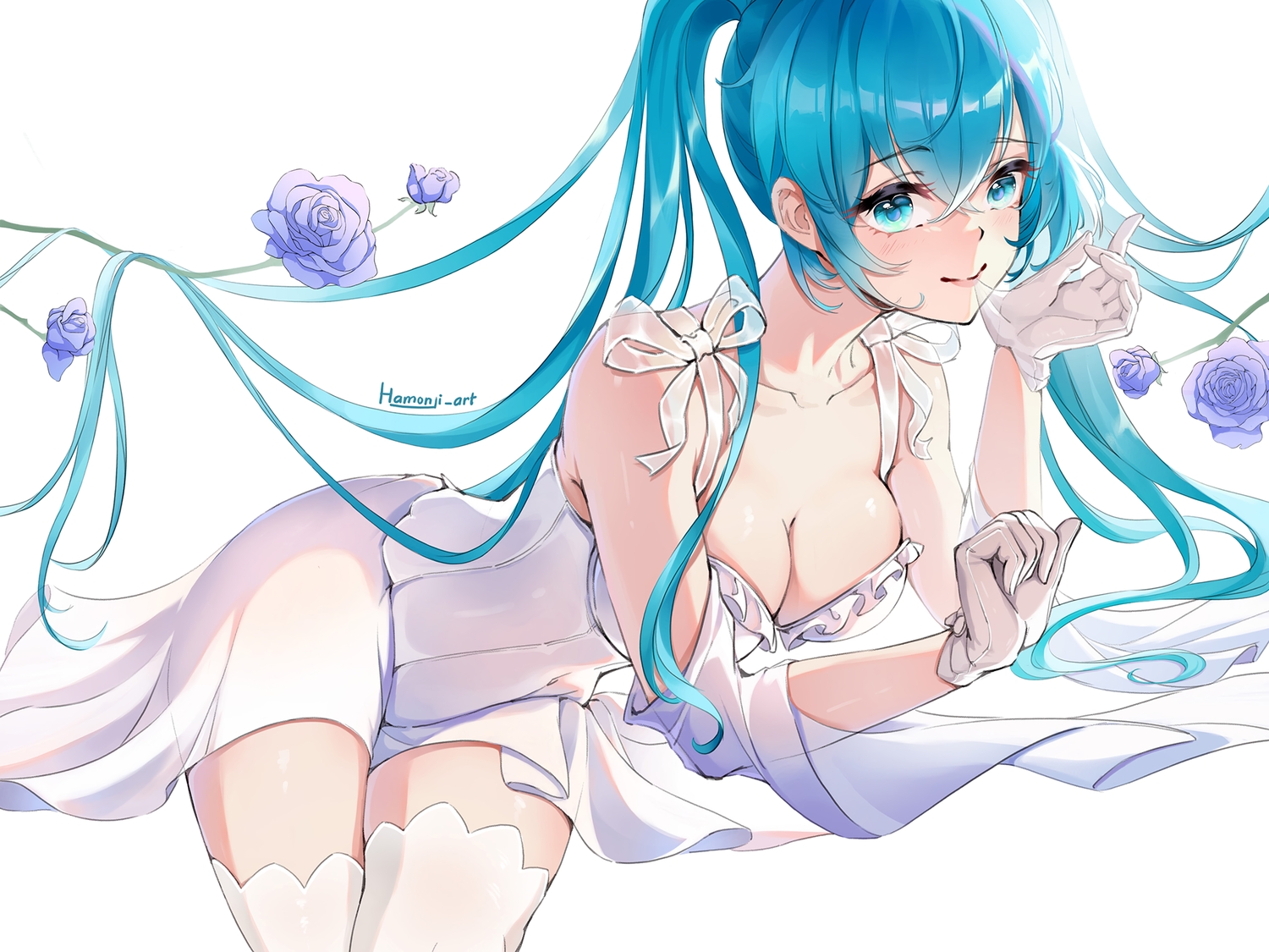aqua_eyes, aqua_hair, blush, bow, breasts, cleavage, dress, gloves, hamonji, hatsune_miku, long_hair, ribbons, signed, thighhighs, twintails, vocaloid, white, zettai_ryouiki
