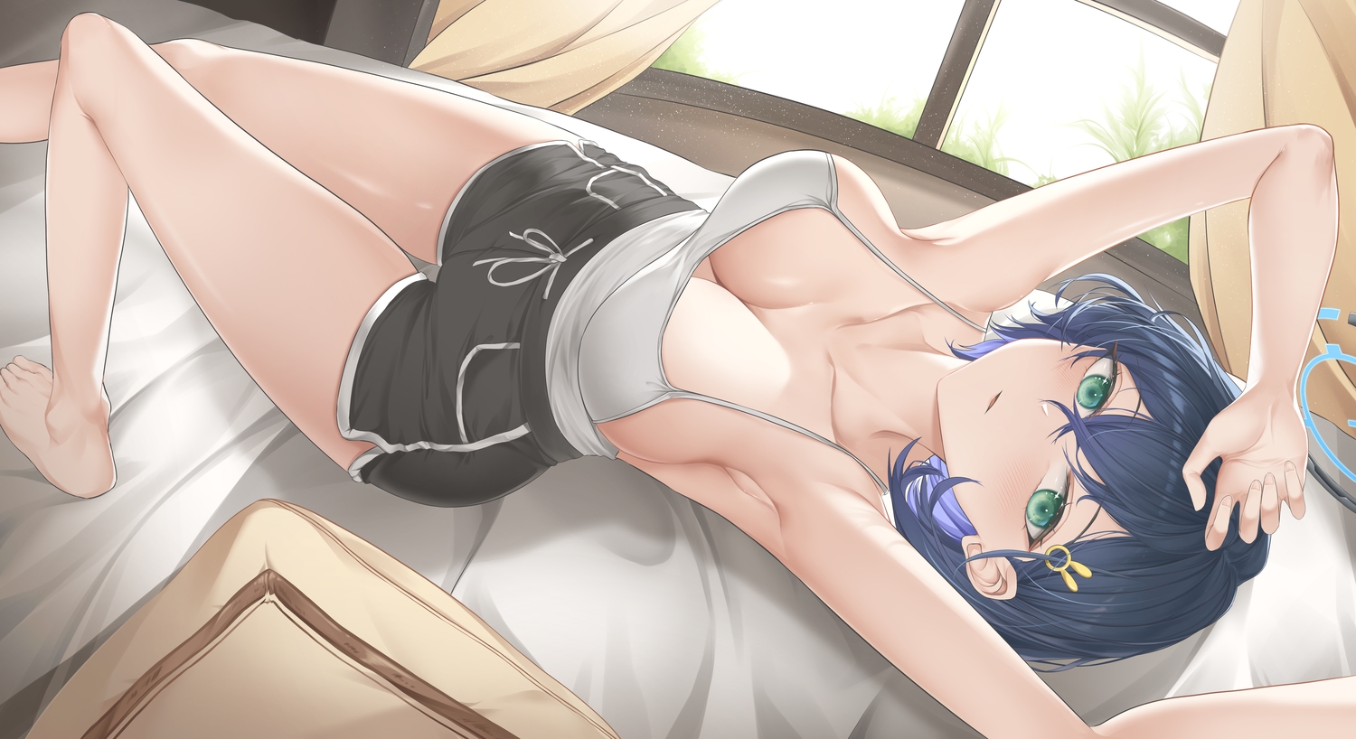 arucoro, barefoot, bed, blue_archive, blue_hair, breasts, cleavage, green_eyes