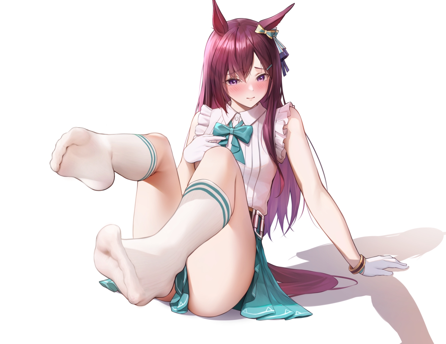 animal_ears, anthropomorphism, blush, bow, gloves, kneehighs, long_hair, mejiro_dober_(umamusume), purple_eyes, purple_hair, socks, uma_musume:_pretty_derby, white, zhenli-mari