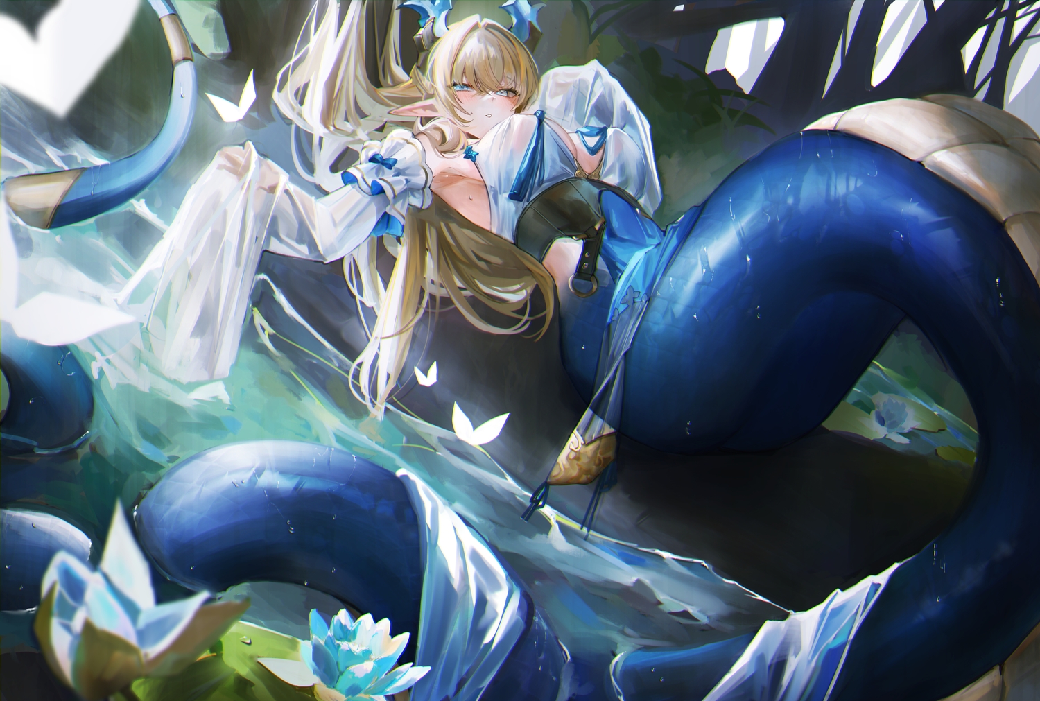 blonde_hair, blue_eyes, original, pointed_ears, ryuuji_teitoku, tail, wet