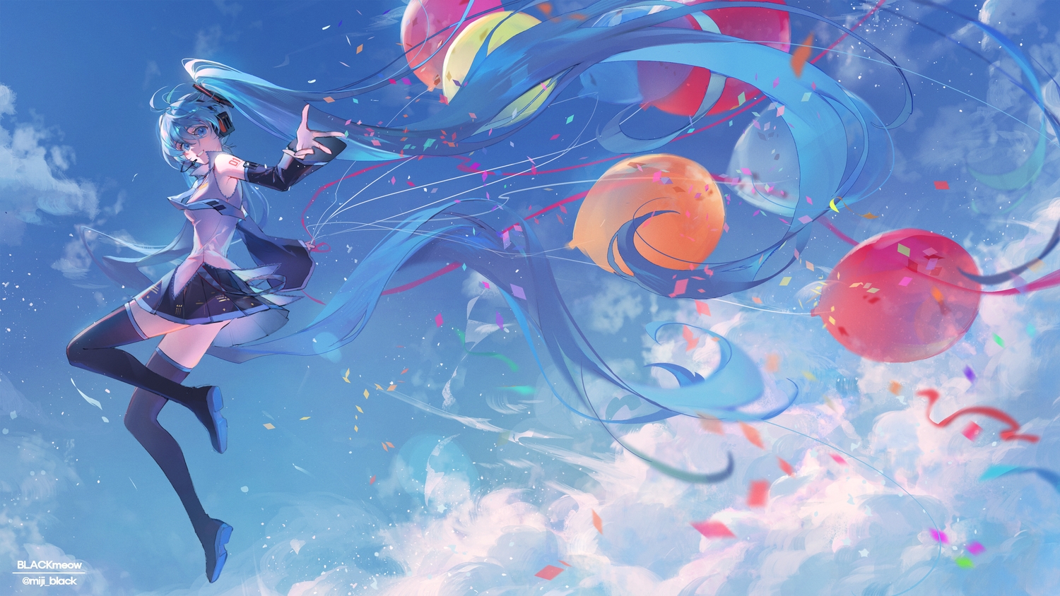 aqua_eyes, aqua_hair, clouds, hatsune_miku, long_hair, miji_black, skirt, sky, tie, twintails, vocaloid, watermark, zettai_ryouiki