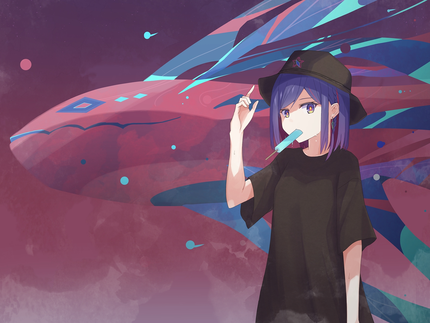 blue_eyes, blue_hair, hat, kamitsubaki_studio, miyaho_concon, popsicle, rim_(kamitsubaki_studio), short_hair