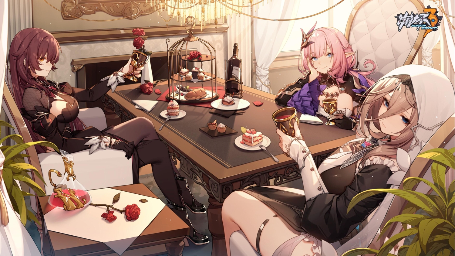 aponia_(honkai_impact), blue_eyes, brown_eyes, brown_hair, cake, de_da_xianyu, drink, eden_(honkai_impact), elysia_(honkai_impact), flowers, food, garter, honkai_impact, honkai_(series), logo, long_hair, nun, pink_hair, pointed_ears, purple_hair, rose