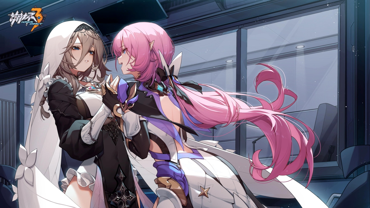 2girls, aponia_(honkai_impact), blue_eyes, braids, brown_hair, de_da_xianyu, dress, elysia_(honkai_impact)