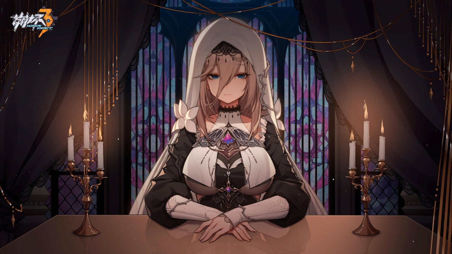 aponia_(honkai_impact), blue_eyes, brown_hair, de_da_xianyu, headdress, honkai_impact, honkai_(series), logo