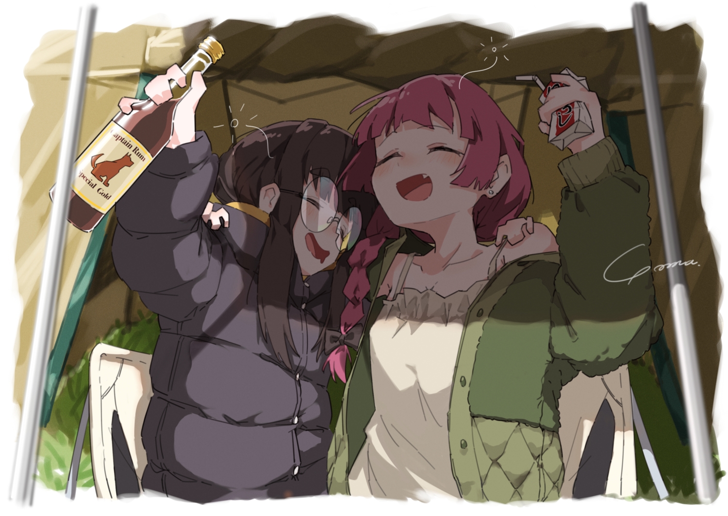 2girls, black_hair, blush, bocchi_the_rock!, braids, crossover, drink, fang
