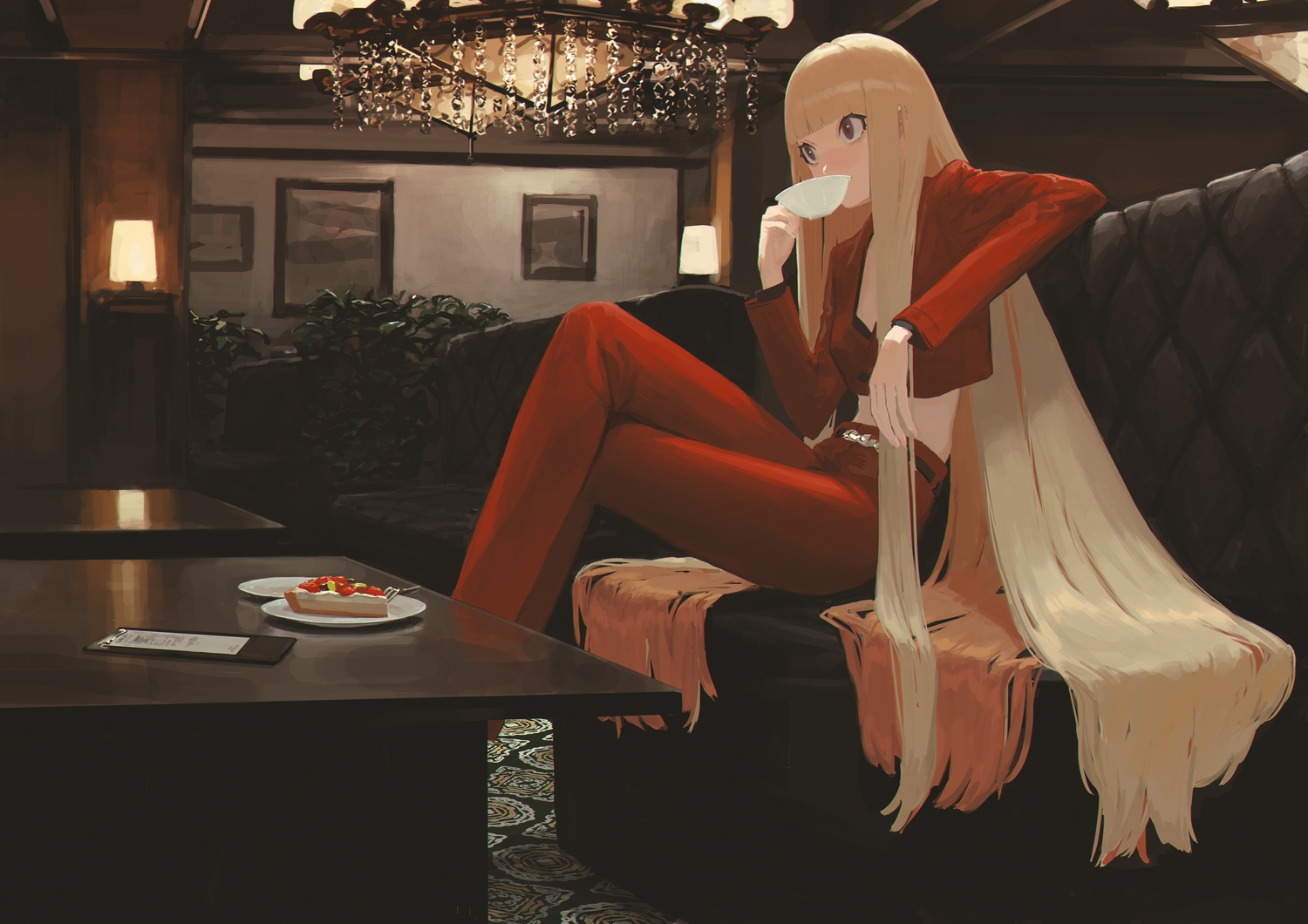 blonde_hair, brown_eyes, cake, couch, drink, food, k1llg, long_hair, original