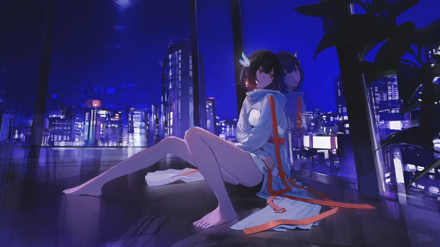 barefoot, brown_hair, building, city, hood, k1llg, kasuka_(vesperbell), night, red_eyes, reflection, short_hair, vesperbell