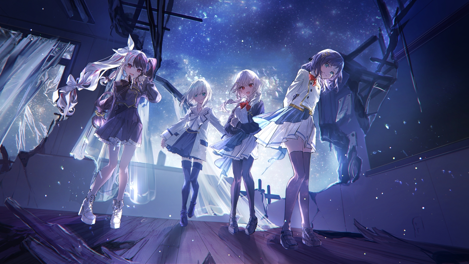 aiba_uiha, ars_almal, black_hair, boots, bow, gray_hair, group, hakase_fuyuki