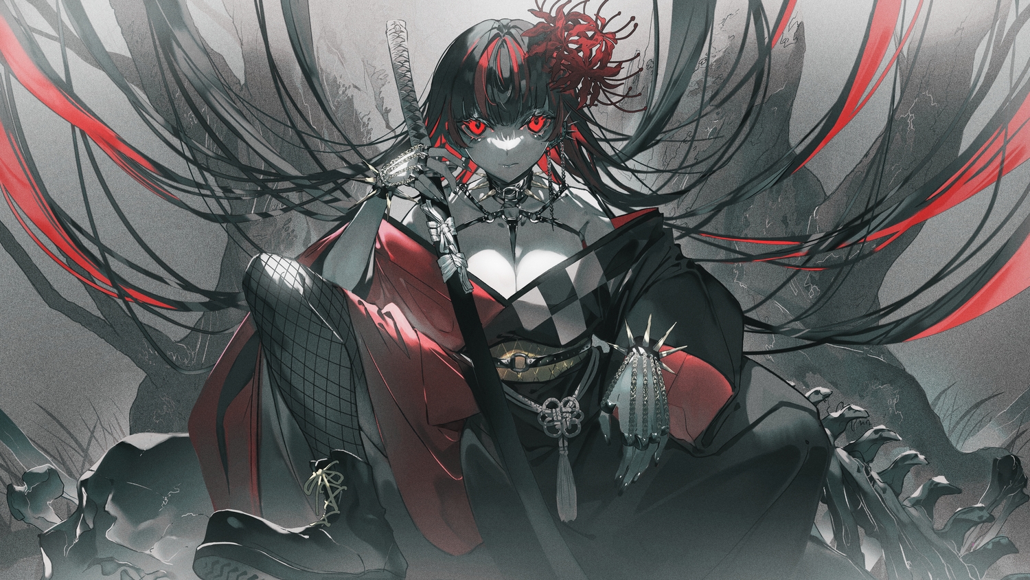 black_hair, boots, katana, long_hair, mura_karuki, polychromatic, red_eyes, sword