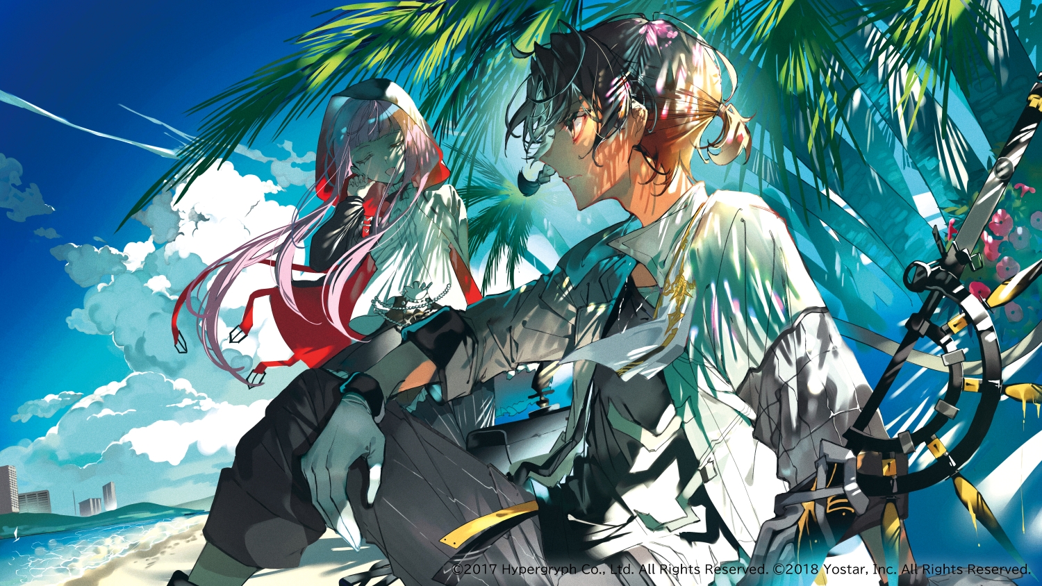 arknights, aya_(arknights), beach, clouds, male, mura_karuki, thorns_(arknights), tree
