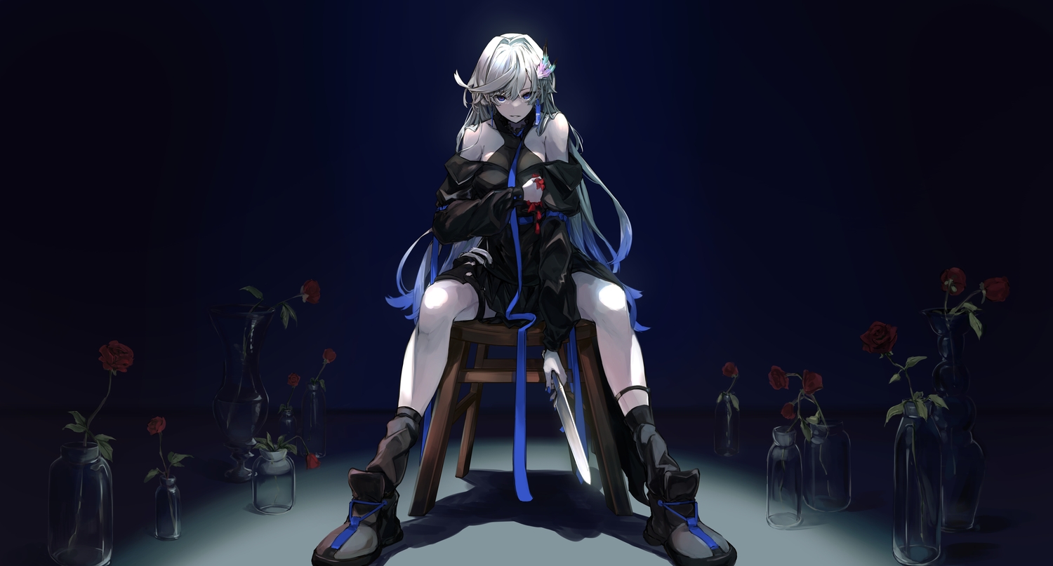 blue_eyes, flowers, gray_hair, knife, long_hair, rose, tsumeki, vesperbell