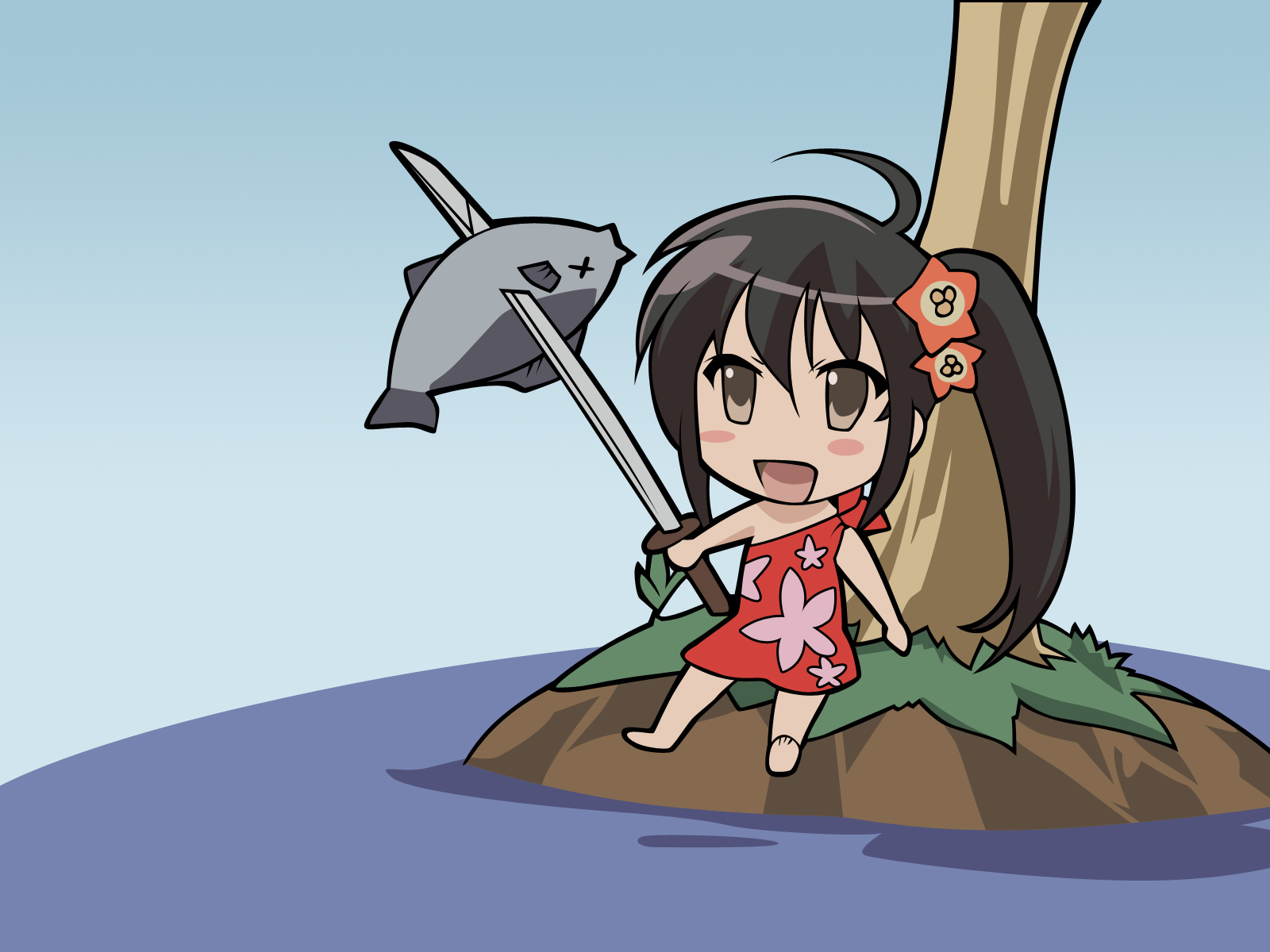 animal, black_hair, brown_eyes, chibi, fish, shakugan_no_shana, shana, shana_tan