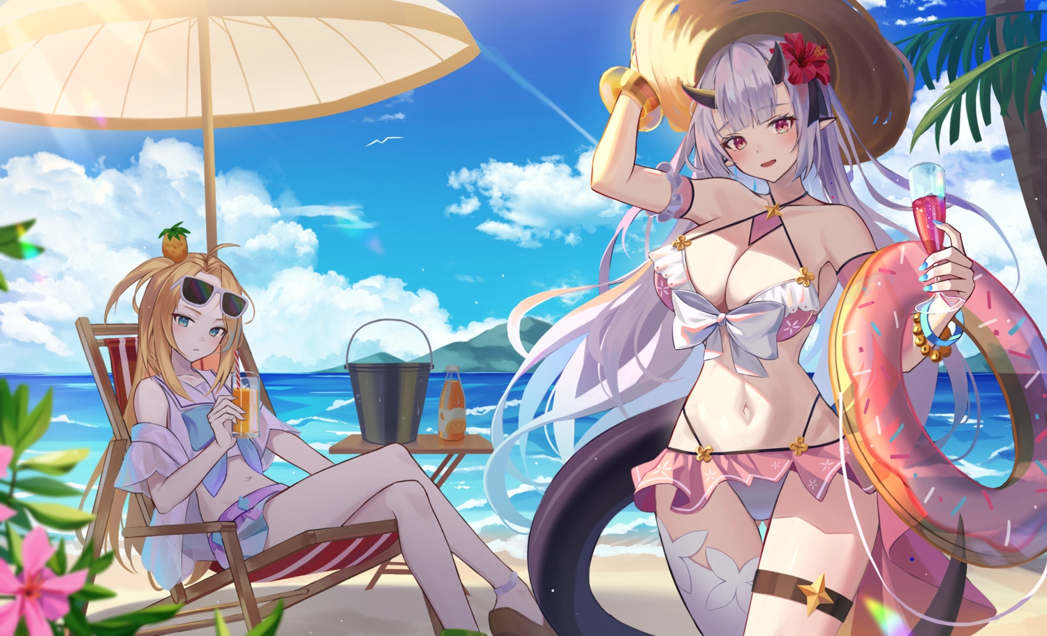 2girls, beach, bikini, blonde_hair, charlotte_(epic7), clouds, drink, epic7, horns, hyonee, long_hair, pointed_ears, purple_hair, red_eyes, skirt, sky, sunglasses, swim_ring, swimsuit, thighhighs, water, yufine_(epic7)