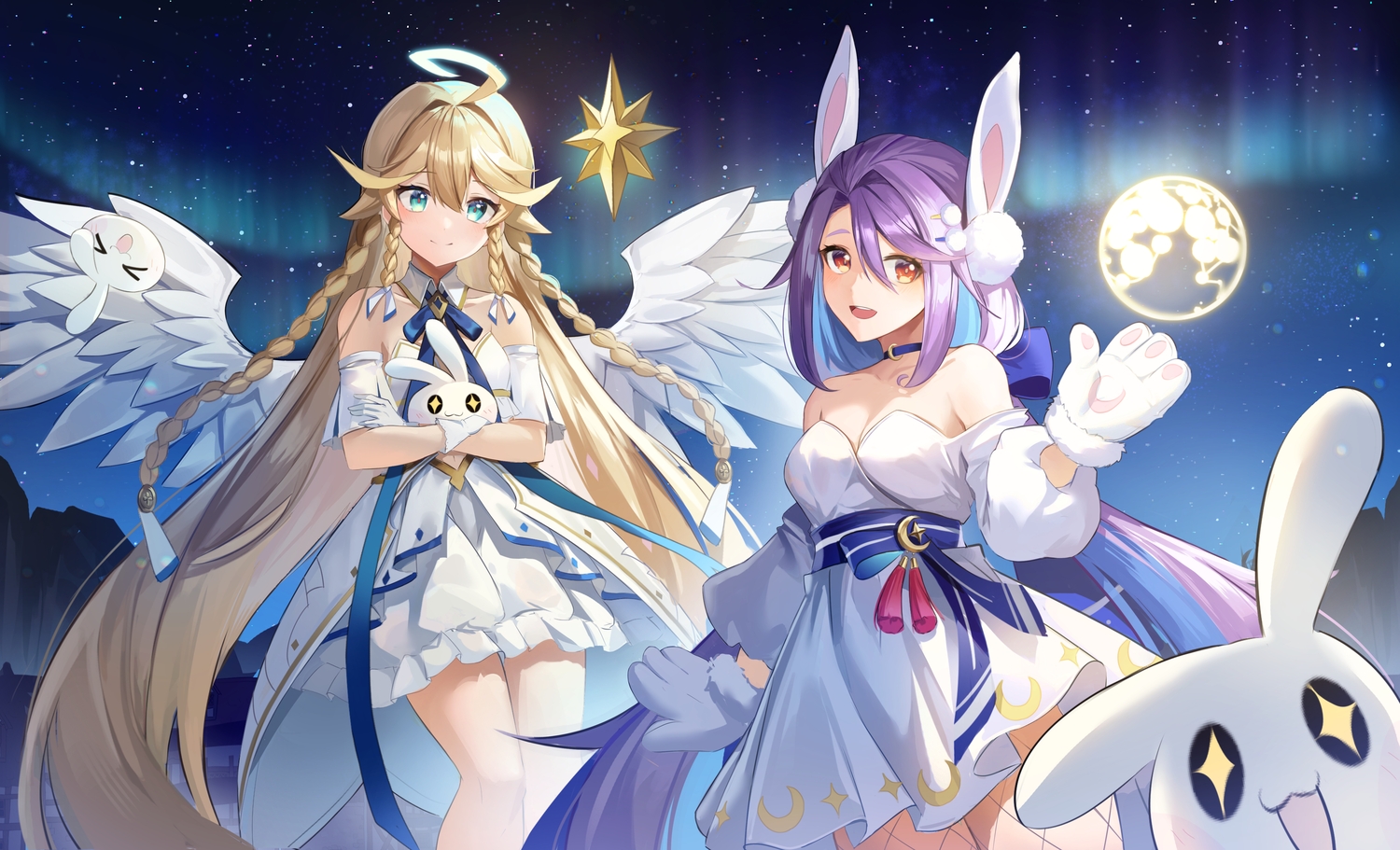 2girls, angel, angelica_angelus, animal_ears, blonde_hair, braids, bunny_ears, bunnygirl