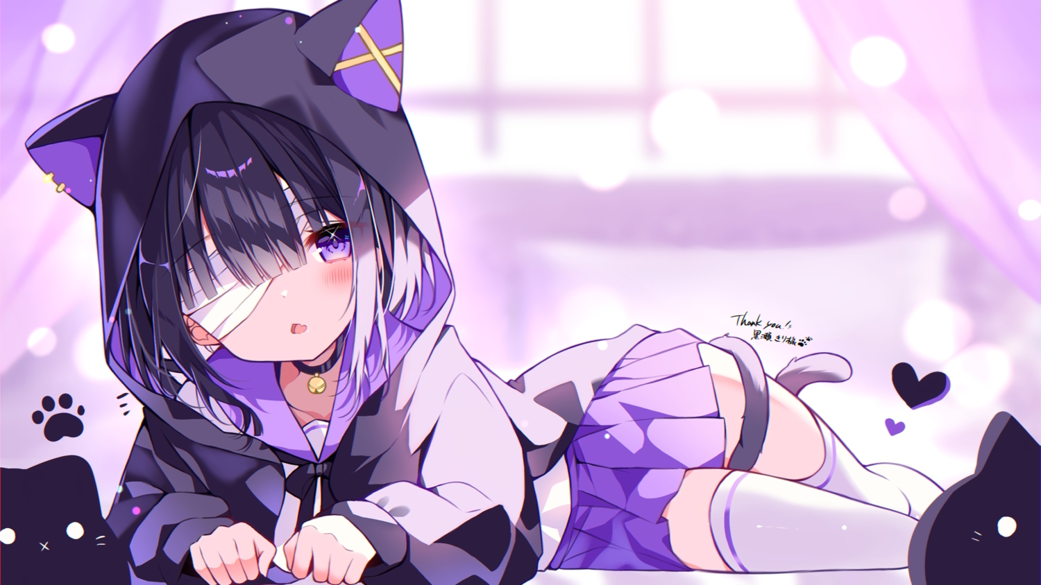 animal_ears, bandage, bell, catgirl, collar, fang, hood, indie_virtual_youtuber
