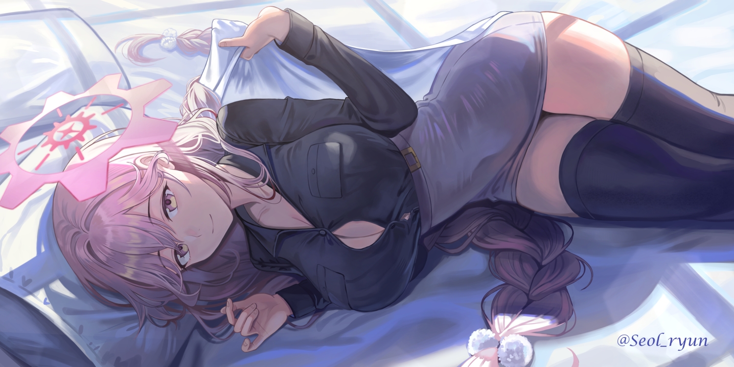 bed, blue_archive, braids, breasts, brown_eyes, cleavage, halo, long_hair, pink_hair, sashiro_tomoe, seolryun, thighhighs, twintails, watermark, zettai_ryouiki